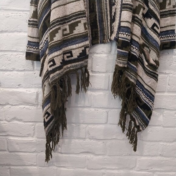 J Jill Open Sweater Cardigan XL Green Blue Southwest Aztec Fringe Wool Blend - Picture 4 of 12